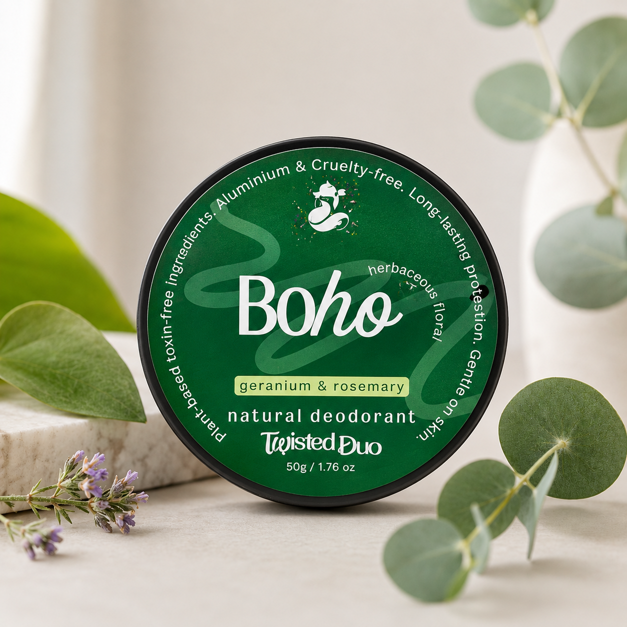 natural deodorant called boho with green plants around it