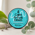 one jar of natural deodorant 'Calm the Funk Down' with green plants