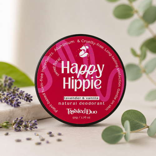 natural deodorant jar 'Happy Hippie' with green plants