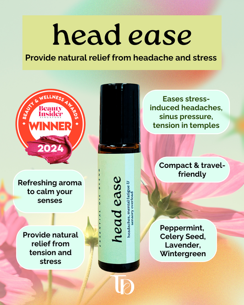 Bottle of 'head ease' with product features and awards on a floral background