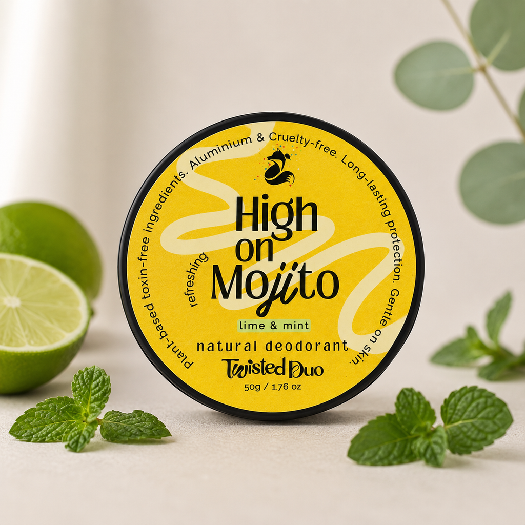 high on mojito natural deodorant with mint leaves and lime around it