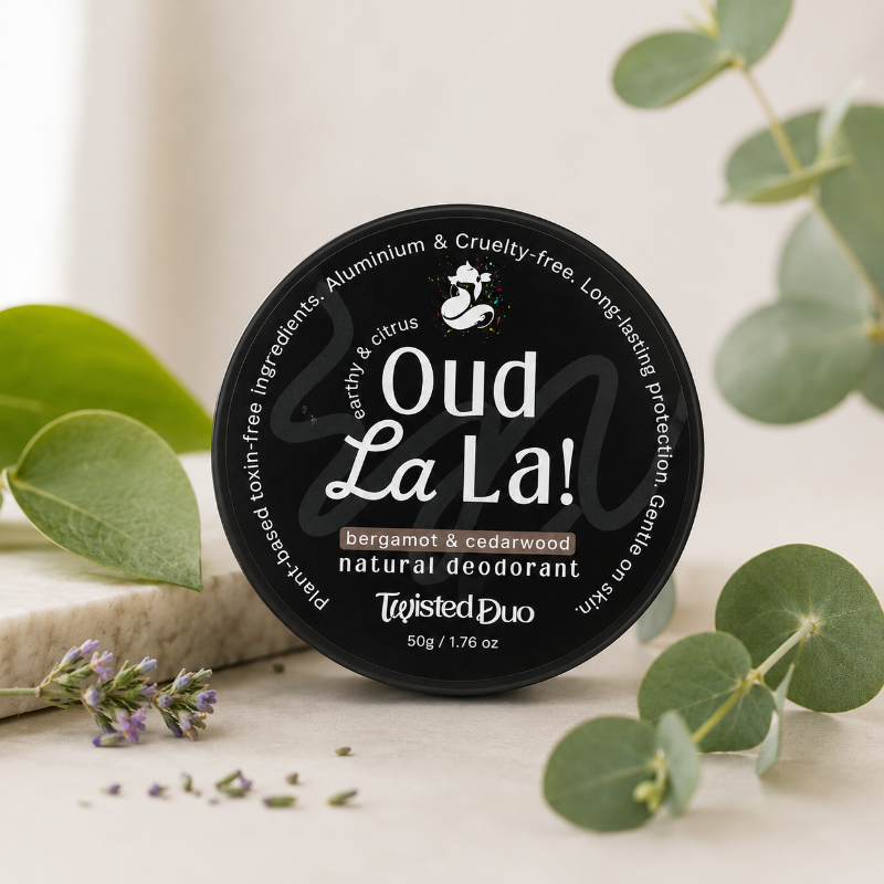 natural deodorant jar 'Oud La La' with green plants